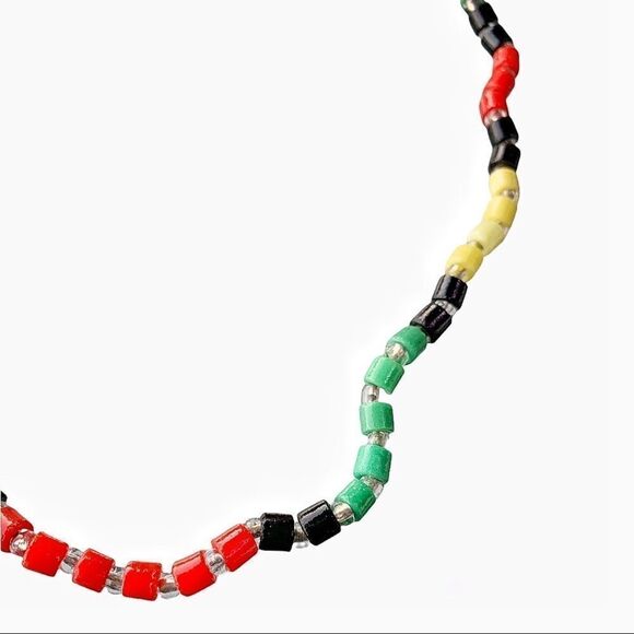 Vintage hand blown glass bead red-green-yellow-black clear  necklace 22”L - Picture 3 of 14